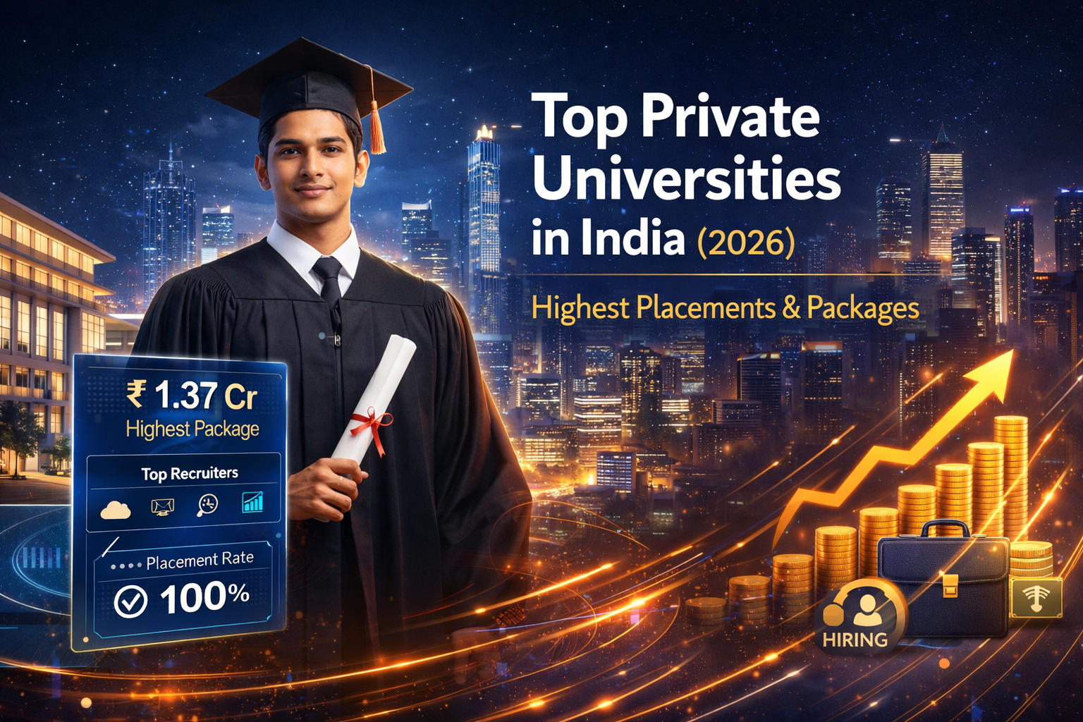 Confident Indian graduate with futuristic placement dashboard, salary growth graph, and corporate skyline representing top private universities in India with highest placements 2026