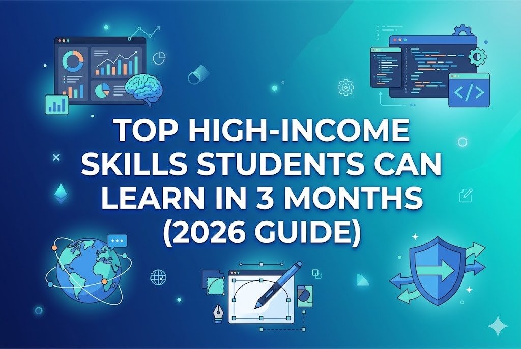 Top high-income skills students can learn in 3 months 2026 guide with digital, coding, and marketing illustrations