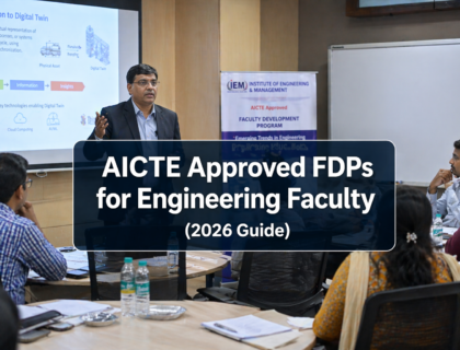 Engineering faculty attending AICTE approved FDP session in a modern classroom with digital presentation