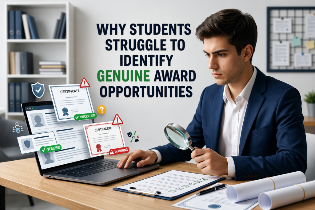 Student analyzing and verifying online award opportunities on laptop with checklist and documents to identify genuine academic recognition programs