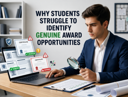 Student analyzing and verifying online award opportunities on laptop with checklist and documents to identify genuine academic recognition programs