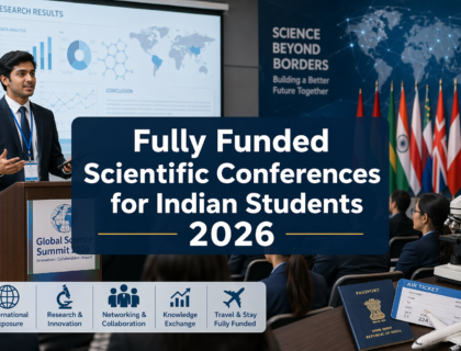 Indian student presenting research at an international scientific conference with global audience and academic setup