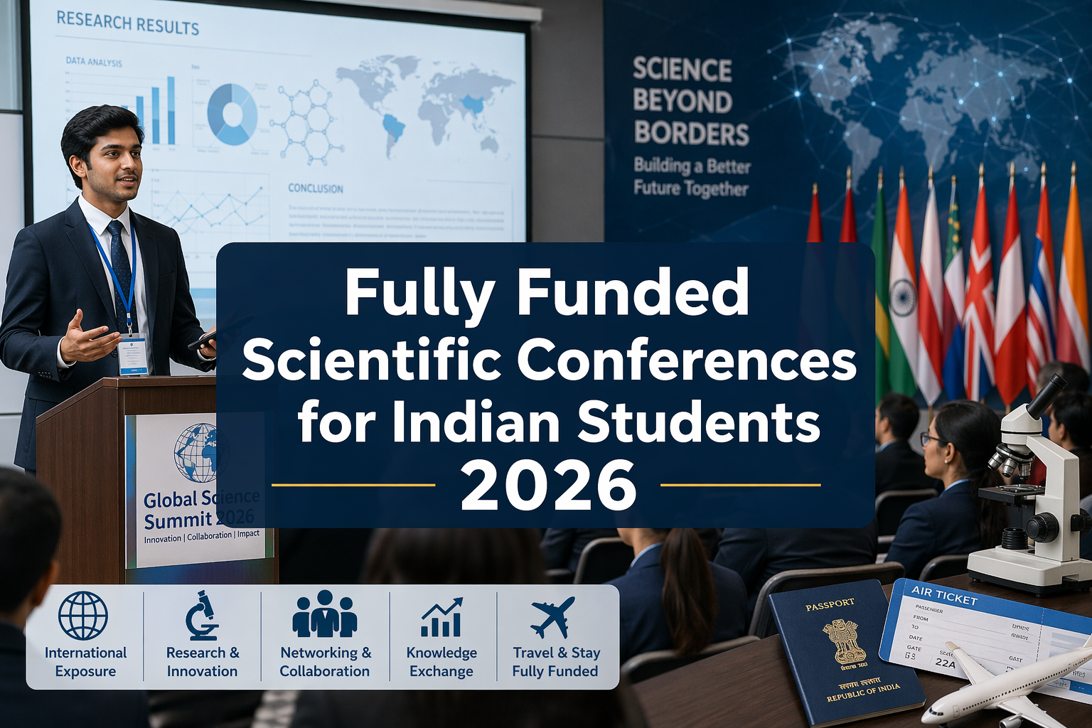 Indian student presenting research at an international scientific conference with global audience and academic setup