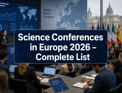 Students and researchers attending a scientific conference in Europe with presentation screen and global audience