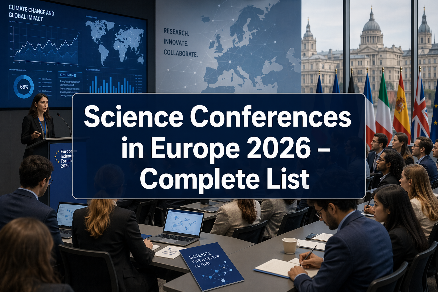 Students and researchers attending a scientific conference in Europe with presentation screen and global audience