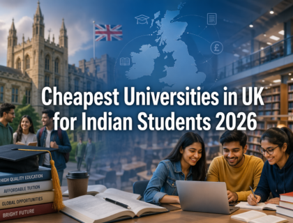 Feature image showing Indian students studying in a modern UK university environment with books, laptops, and campus buildings, highlighting affordable education opportunities in the UK.