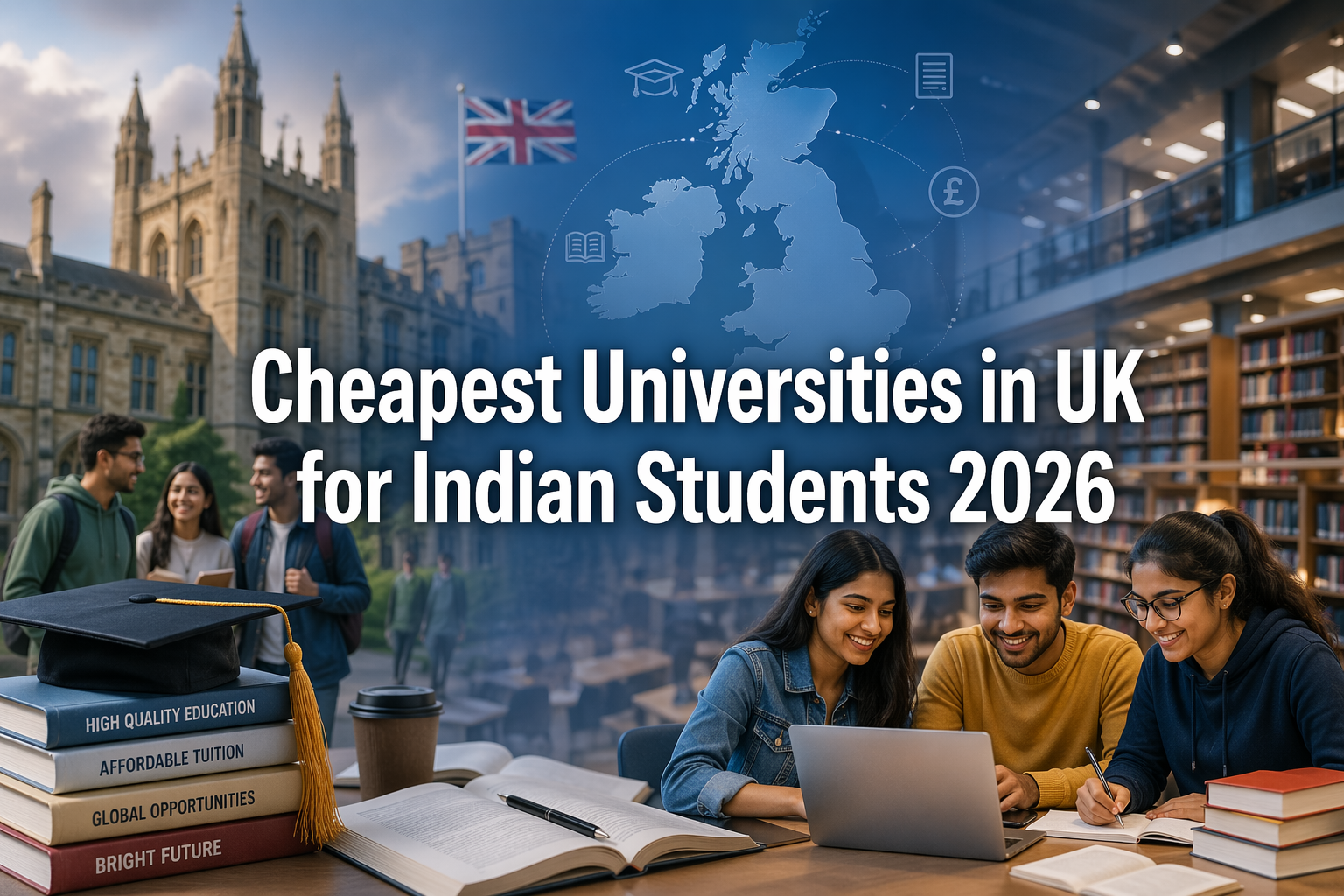 Feature image showing Indian students studying in a modern UK university environment with books, laptops, and campus buildings, highlighting affordable education opportunities in the UK.