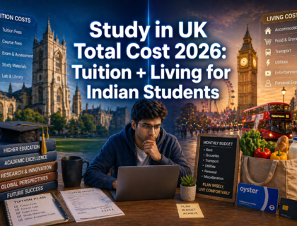 Indian student analyzing study abroad costs on a laptop with UK university and city lifestyle visuals representing tuition and living expenses in a modern finance-themed design.