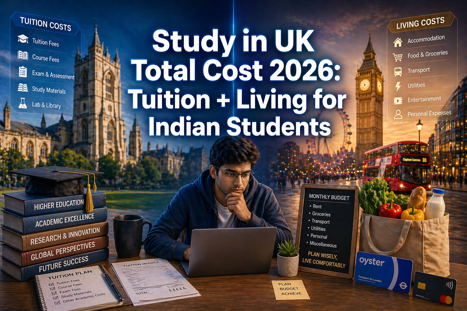 Indian student analyzing study abroad costs on a laptop with UK university and city lifestyle visuals representing tuition and living expenses in a modern finance-themed design.