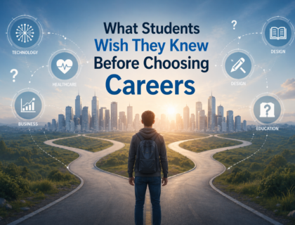 Thoughtful student standing at a crossroads facing a modern city skyline with multiple career path options like technology, healthcare, business, and education displayed around