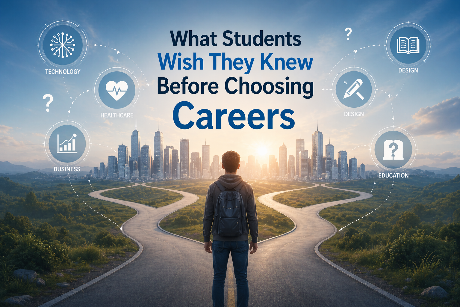 Thoughtful student standing at a crossroads facing a modern city skyline with multiple career path options like technology, healthcare, business, and education displayed around