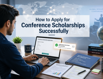 Student applying for conference scholarship on laptop with research documents and application form