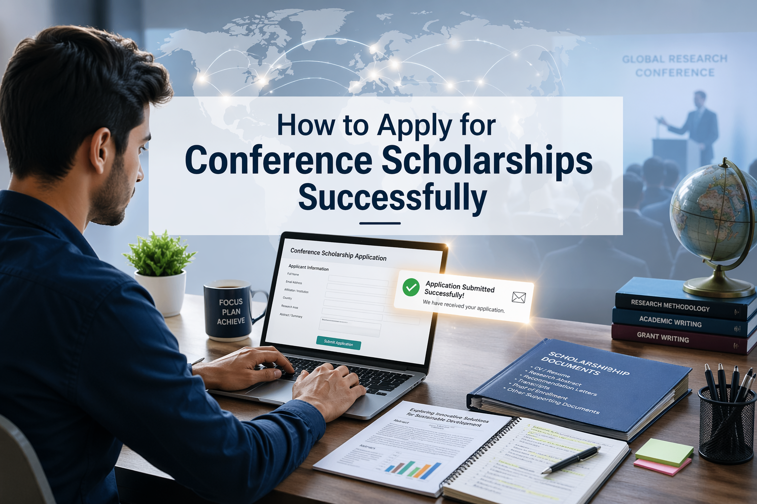 Student applying for conference scholarship on laptop with research documents and application form