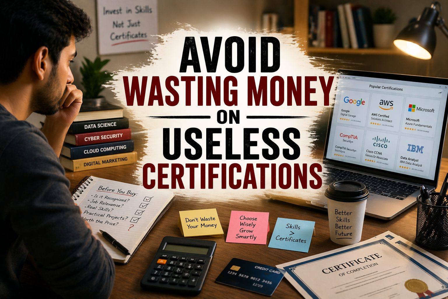 Avoid wasting money on useless certifications concept showing smart course selection and career planning