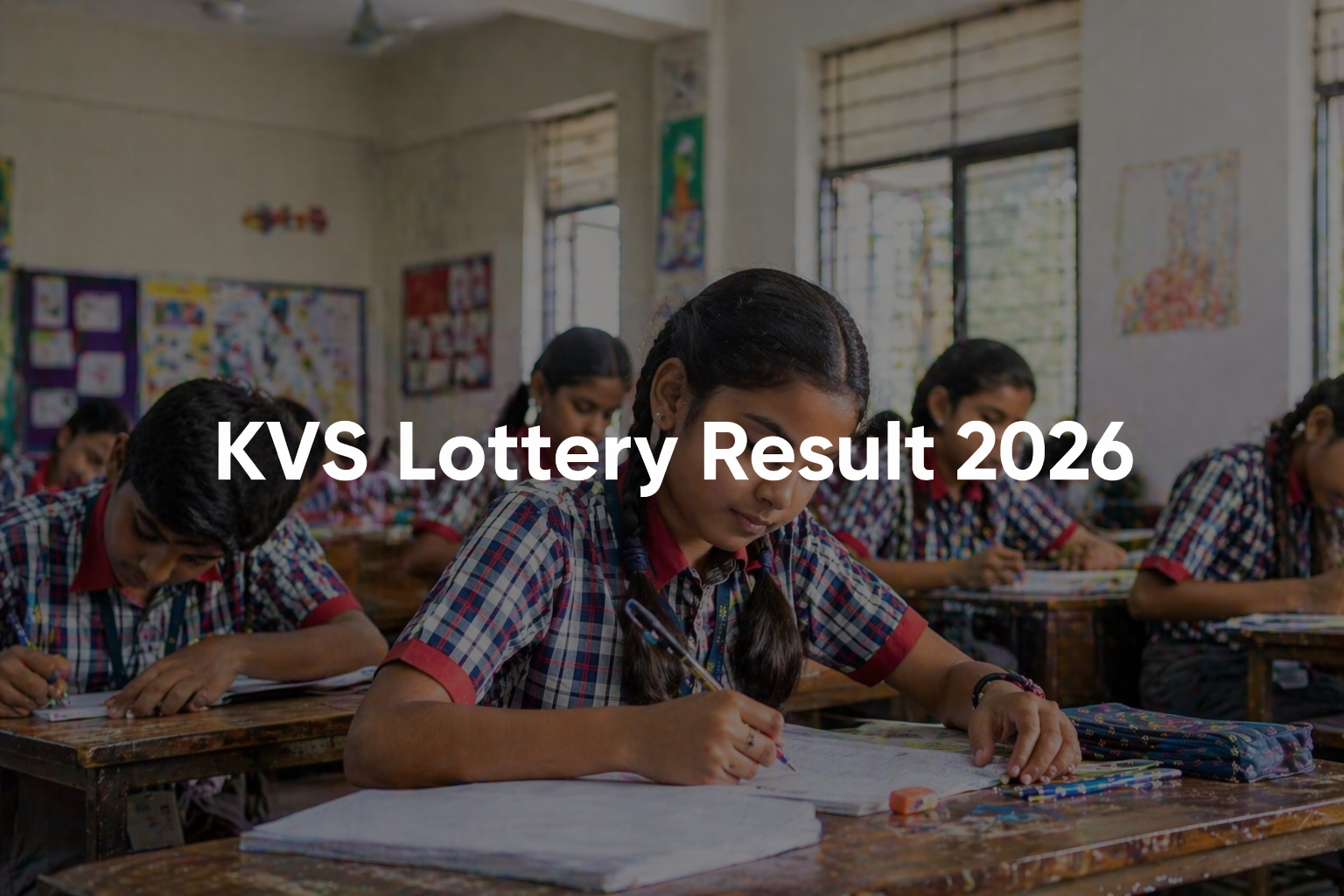 Students studying in classroom with KVS Lottery Result 2026 announcement banner