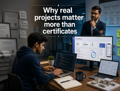 Student working on a real-world digital project on laptop while certificates are placed aside, showing the importance of practical skills over academic certificates