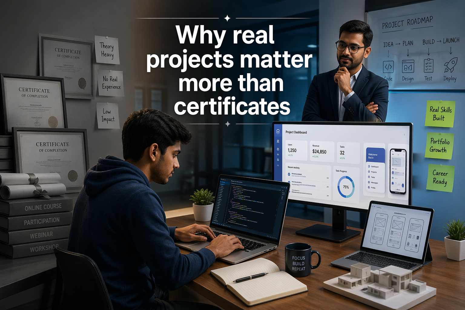 Student working on a real-world digital project on laptop while certificates are placed aside, showing the importance of practical skills over academic certificates