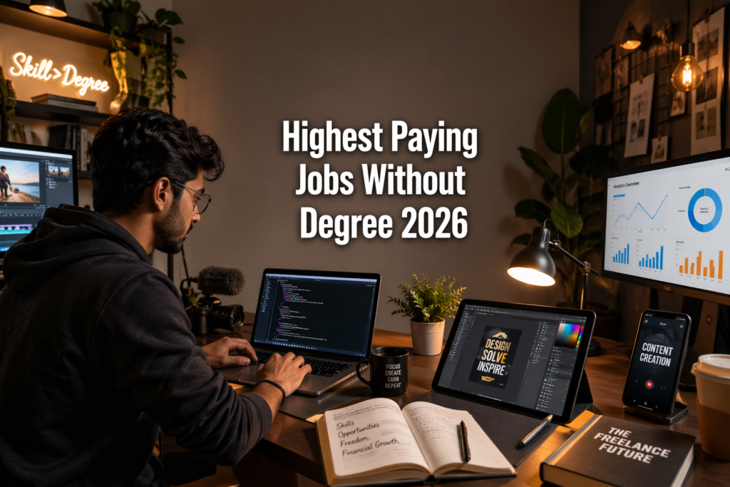 Young professionals working in digital careers in a modern workspace representing highest paying jobs without degree 2026
