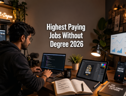Young professionals working in digital careers in a modern workspace representing highest paying jobs without degree 2026