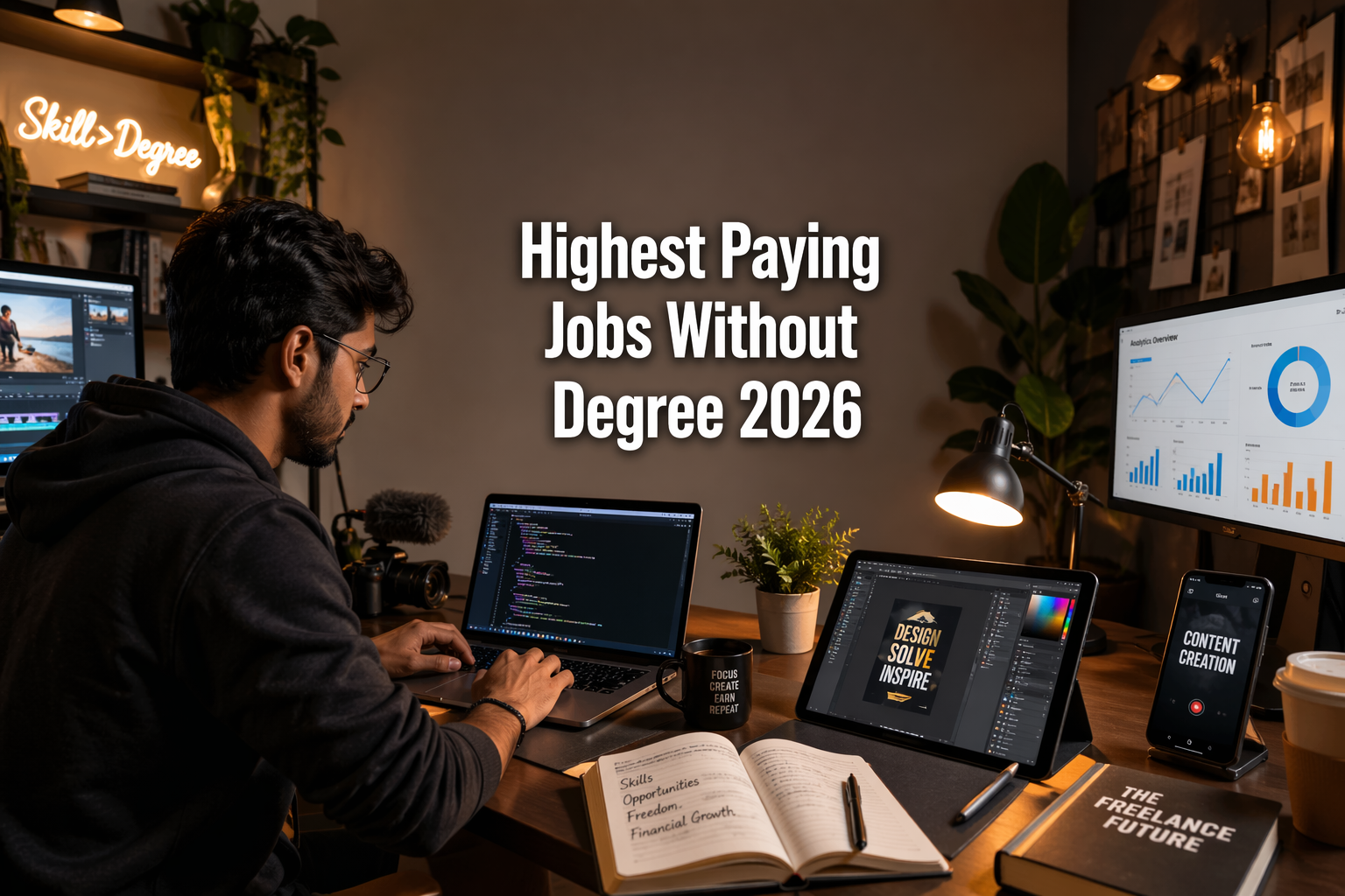 Young professionals working in digital careers in a modern workspace representing highest paying jobs without degree 2026