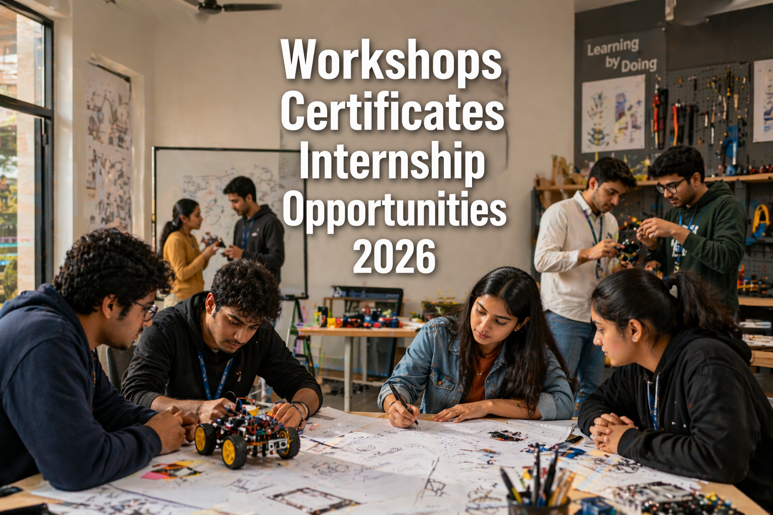 Students participating in a professional workshop and internship environment working on real projects representing workshops certificates internship opportunities 2026