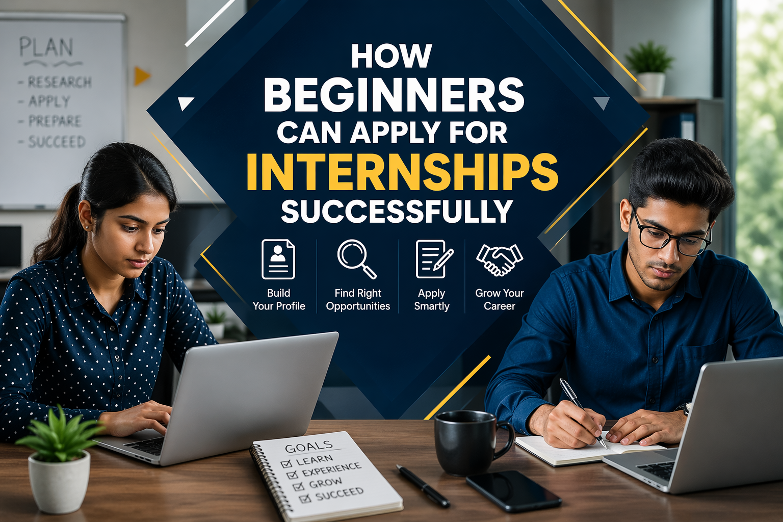 Beginner students applying for internships successfully with professional workspace and career planning concept