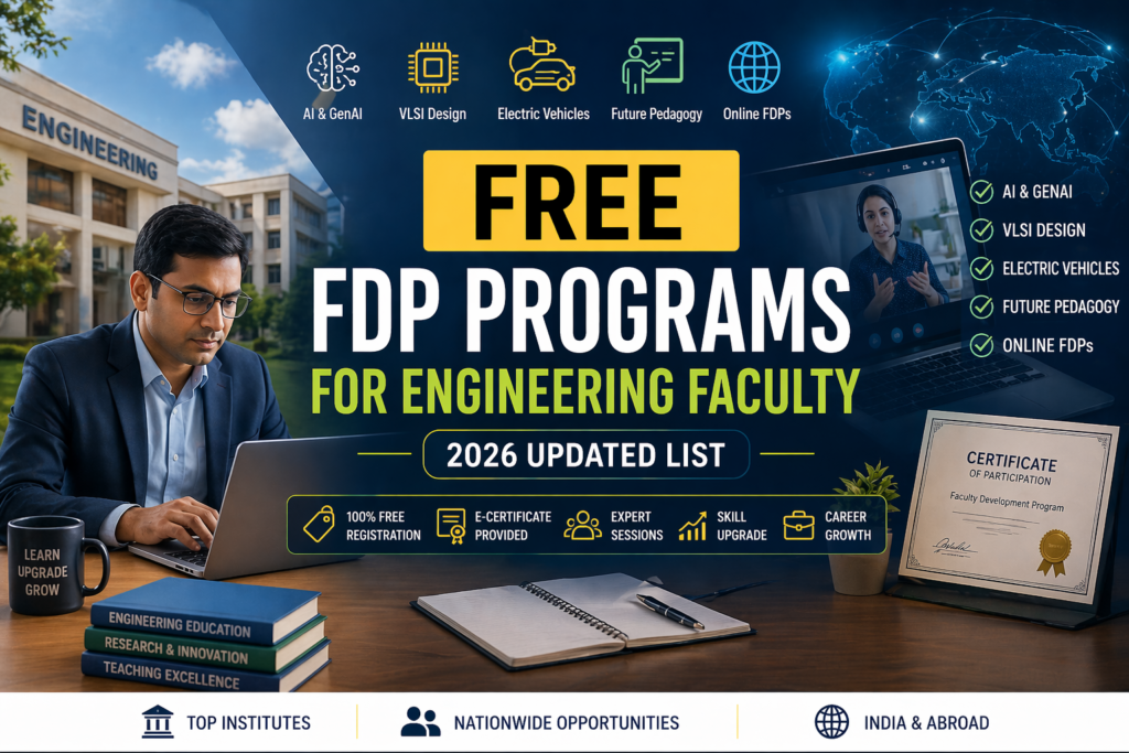 Engineering faculty attending free FDP programs online with laptop, certificate, and AI VLSI EV training visuals 2026