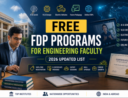 Engineering faculty attending free FDP programs online with laptop, certificate, and AI VLSI EV training visuals 2026
