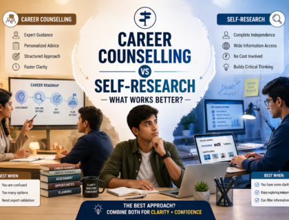 Student comparing career counselling and self research options with laptop and mentor guidance setup