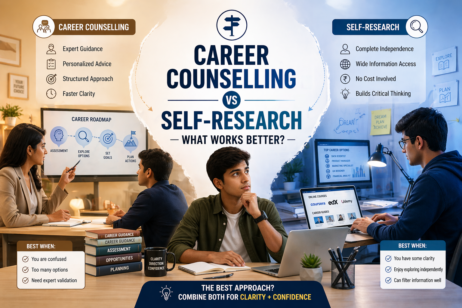 Student comparing career counselling and self research options with laptop and mentor guidance setup