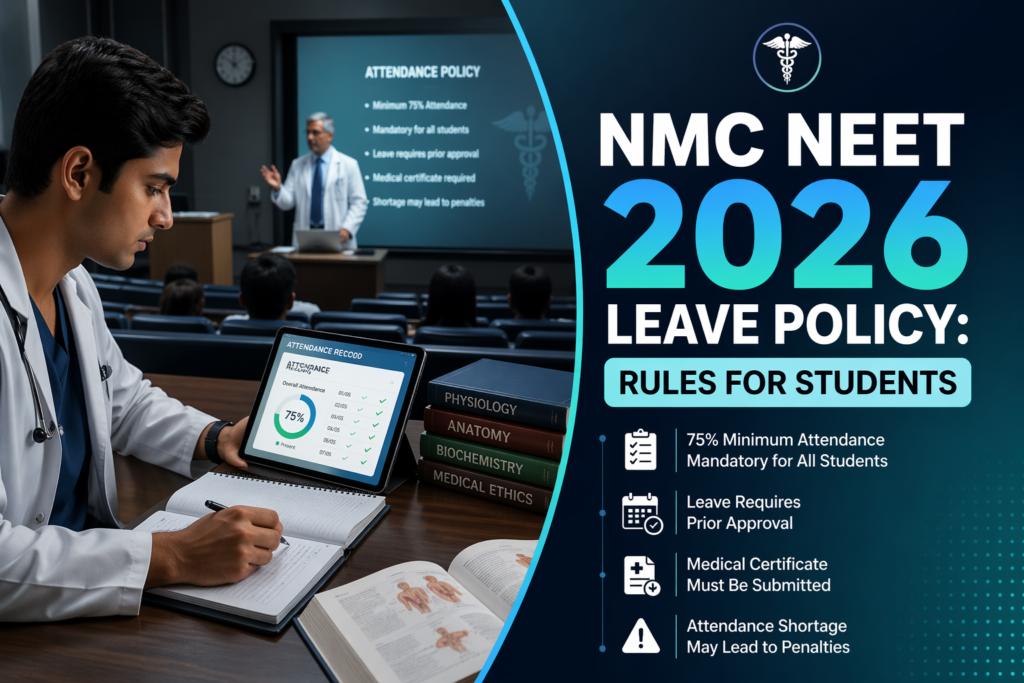 MBBS student checking attendance under NMC NEET 2026 leave policy in a medical classroom