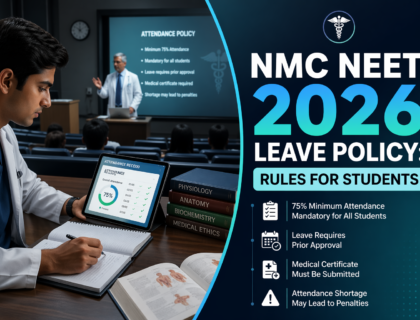 MBBS student checking attendance under NMC NEET 2026 leave policy in a medical classroom