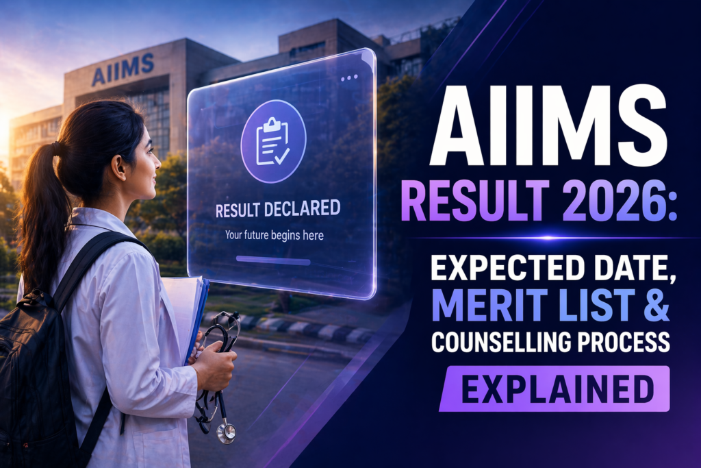 Medical aspirant checking AIIMS Result 2026 on digital screen with merit list and counselling details
