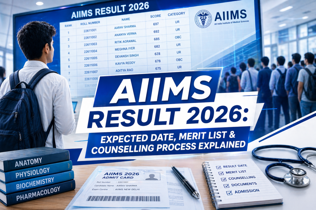 Medical aspirant viewing AIIMS 2026 result on digital merit list screen