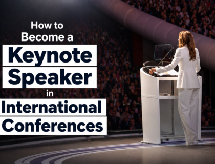 A professional keynote speaker addressing a large international audience from a podium, with a bold title overlay reading “How to Become a Keynote Speaker in International Conferences,” representing leadership and public speaking at global events