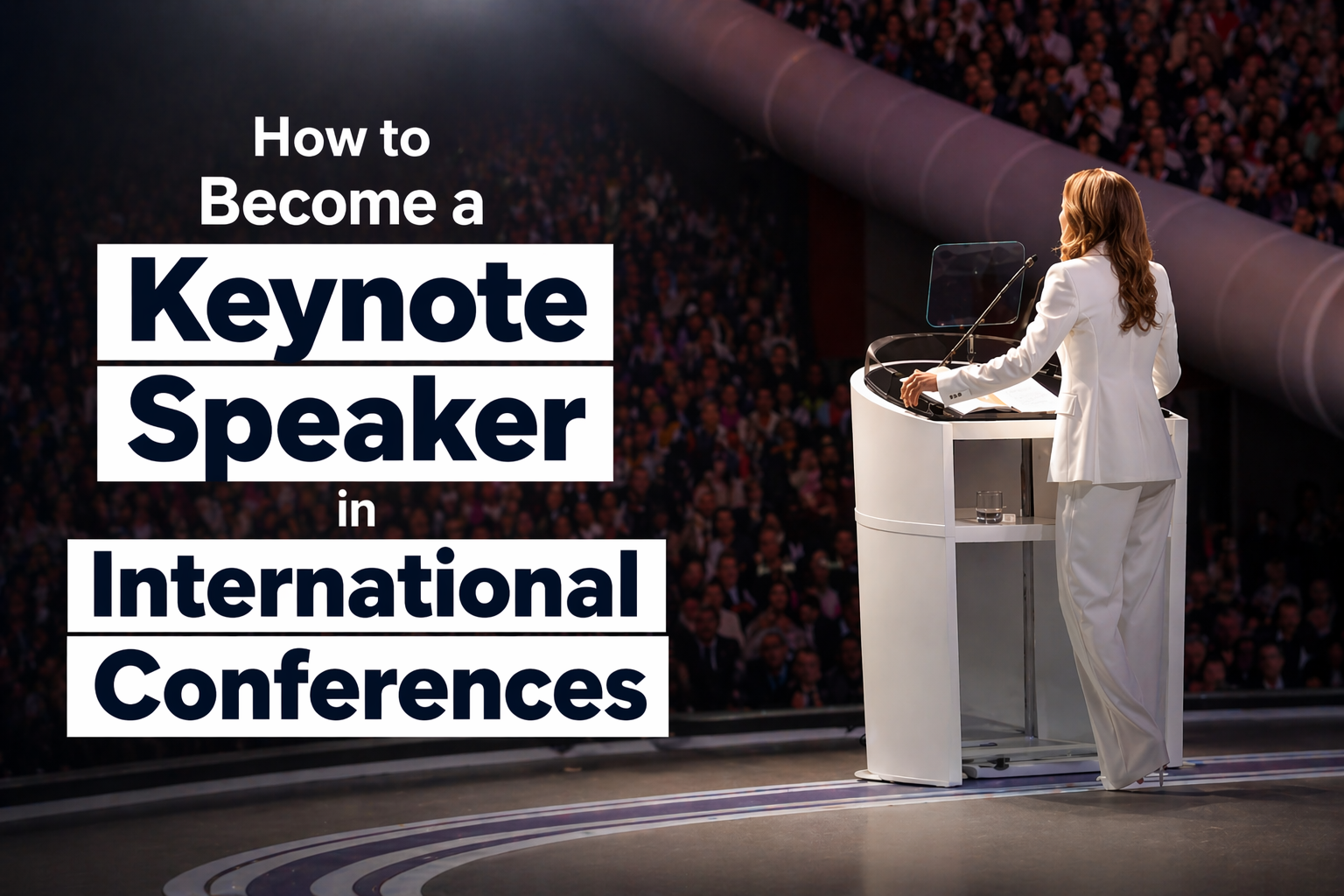 A professional keynote speaker addressing a large international audience from a podium, with a bold title overlay reading “How to Become a Keynote Speaker in International Conferences,” representing leadership and public speaking at global events