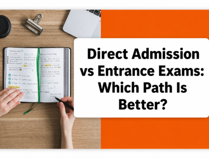 Feature banner showing a study desk with notebooks and stationery on the left, and a bold white panel on the right with the title “Direct Admission vs Entrance Exams: Which Path Is Better?” over an orange accent background.