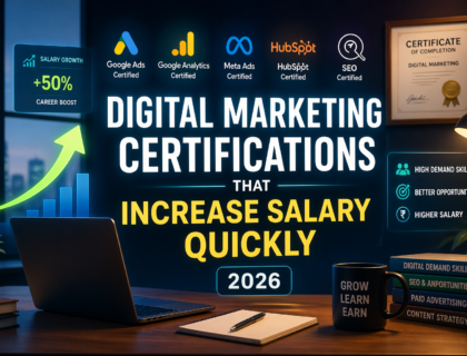 Digital marketing certifications increasing salary with laptop workspace analytics dashboard and certificate display 2026