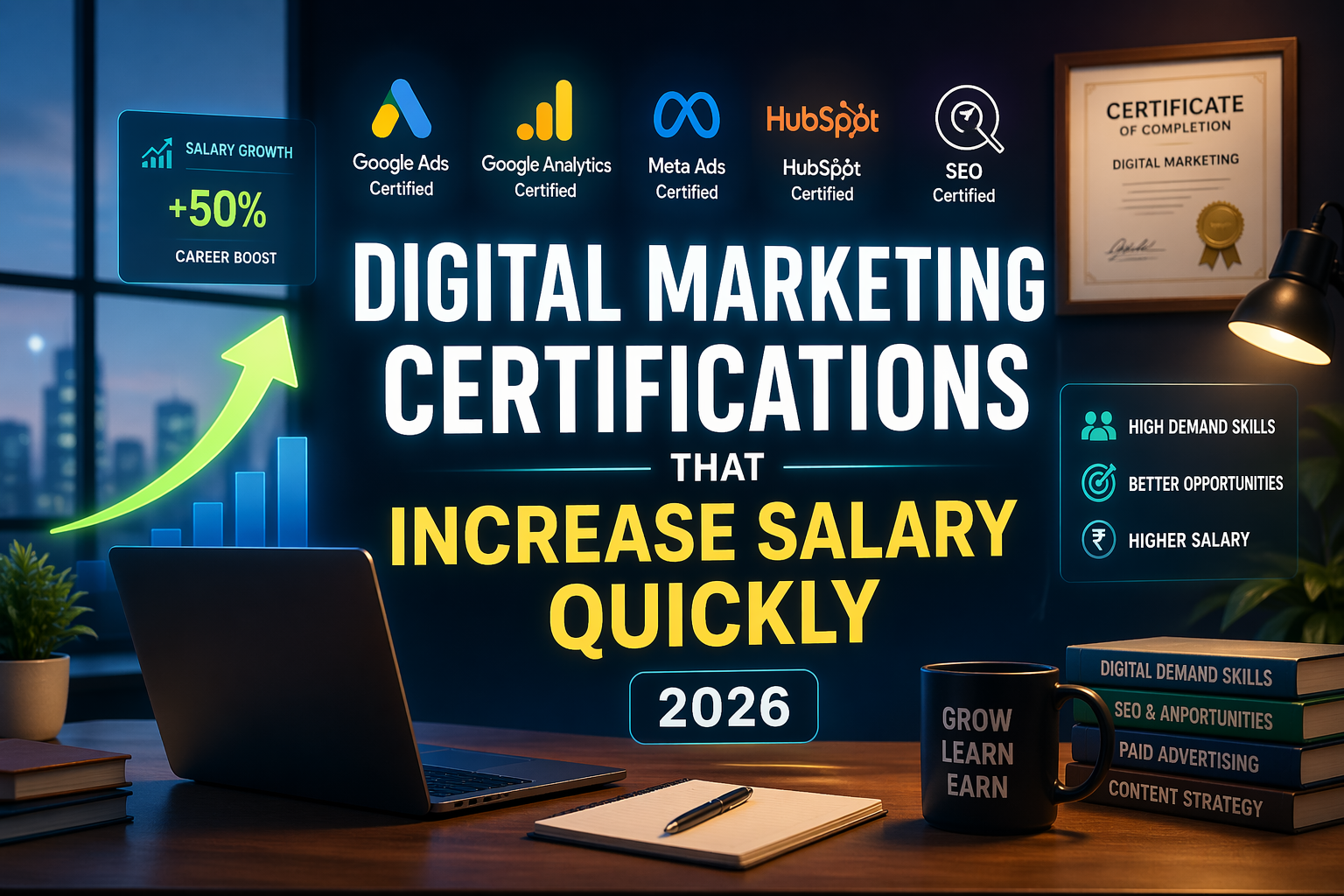 Digital marketing certifications increasing salary with laptop workspace analytics dashboard and certificate display 2026