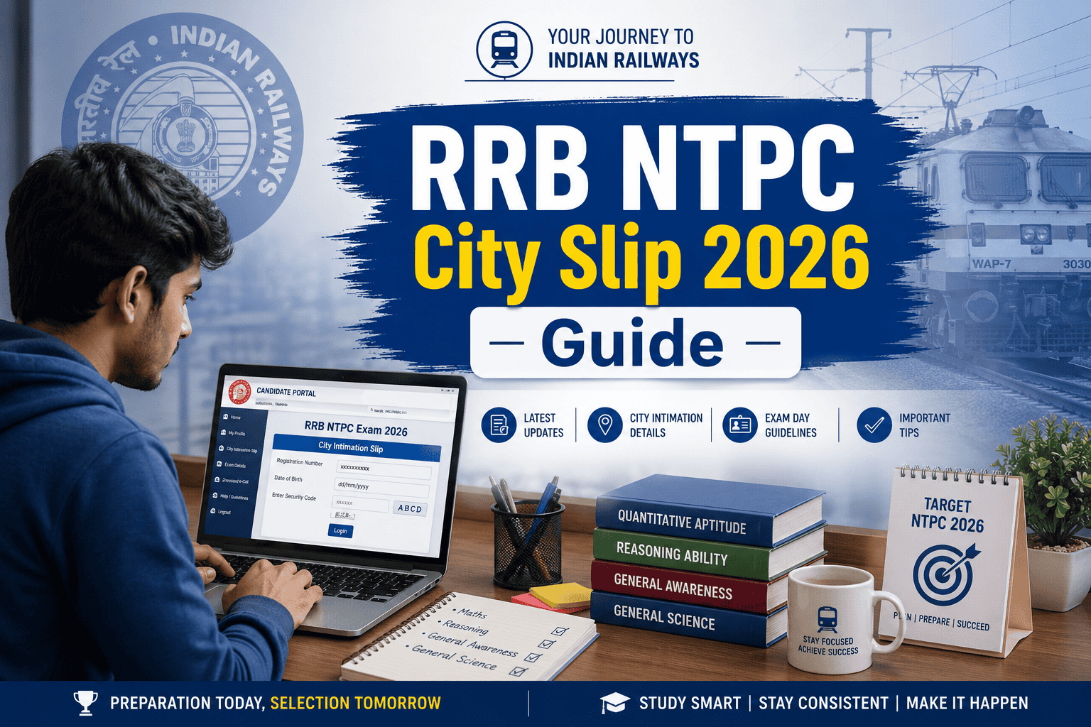 RRB NTPC City Slip: Latest Updates, Download Guide & Exam Details Student preparing for railway exam on laptop with RRB NTPC City Slip 2026 Guide displayed, Indian Railways theme background