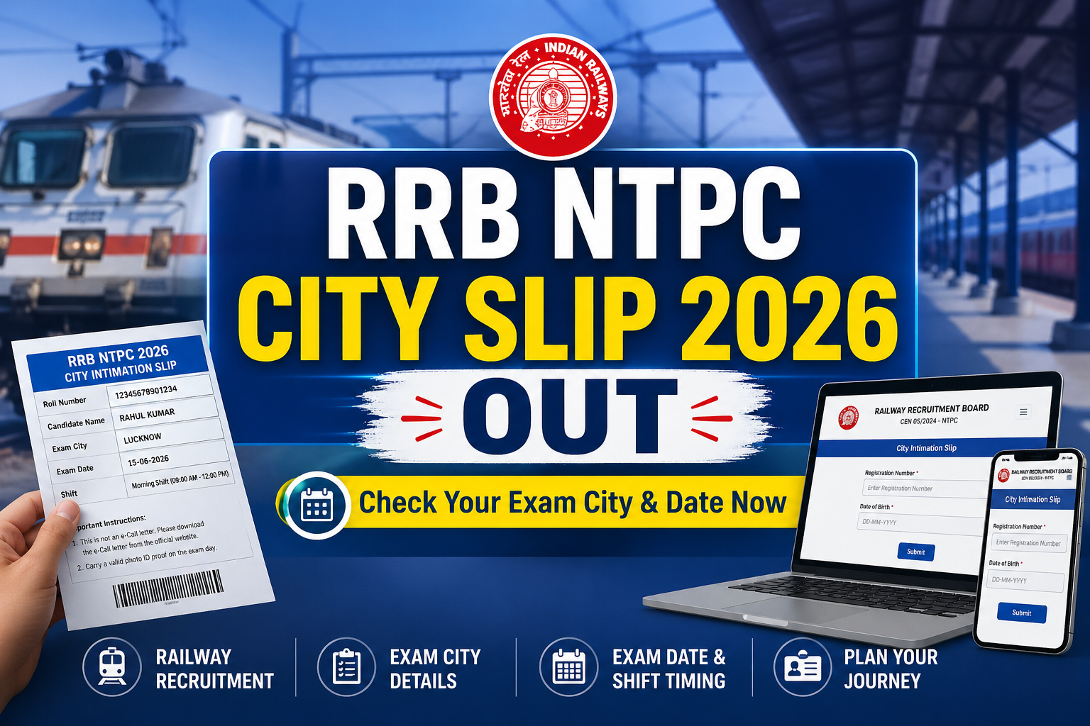 RRB NTPC city slip 2026 release update showing exam city details with railway background