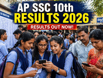 AP SSC 10th Results 2026 announcement banner with education theme and centered title for Andhra Pradesh board exam results update