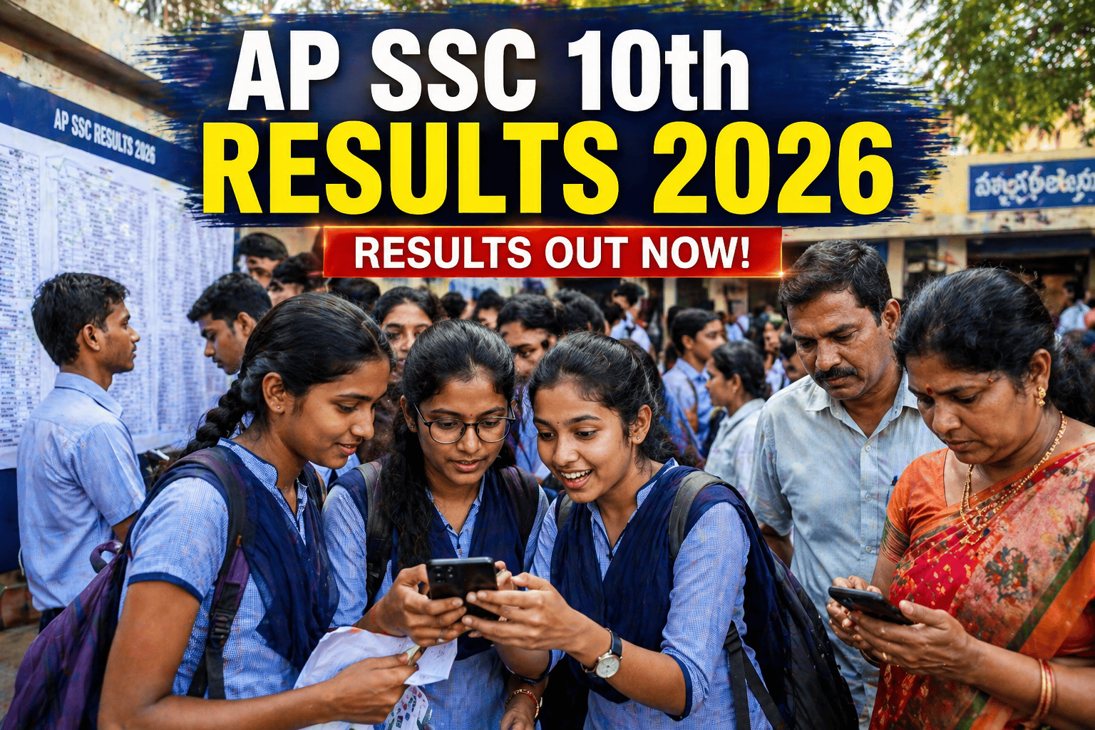 AP SSC 10th Results 2026 announcement banner with education theme and centered title for Andhra Pradesh board exam results update