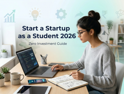 Start a startup as a student 2026 banner showing student working on laptop with light professional background