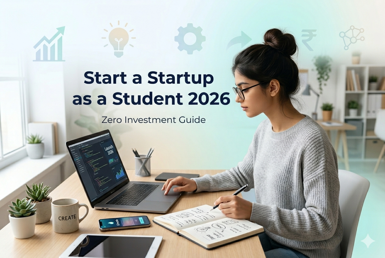 Start a startup as a student 2026 banner showing student working on laptop with light professional background