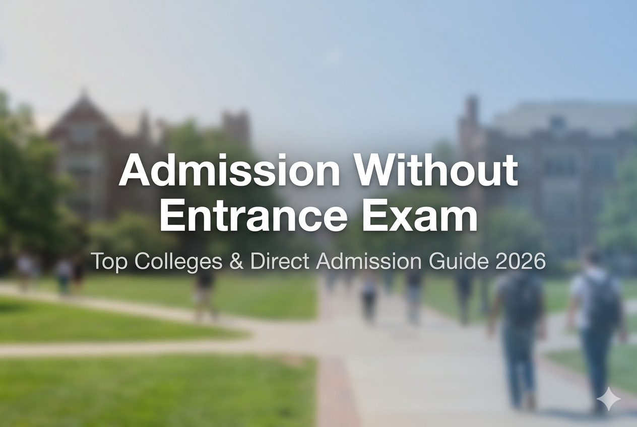 Admission without entrance exam 2026 banner with college campus background