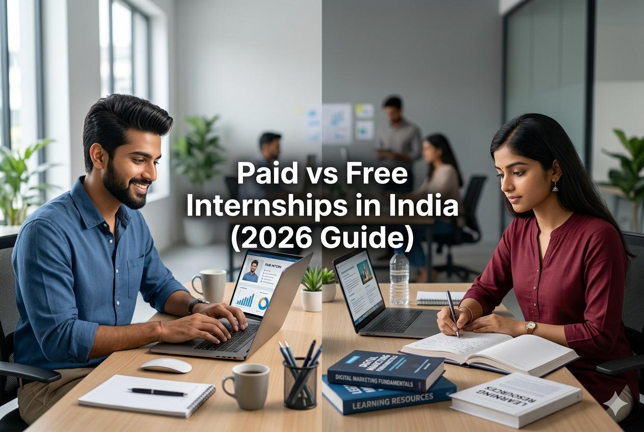 Paid vs free internships in India showing students comparing work experience, learning, and career growth opportunities in 2026