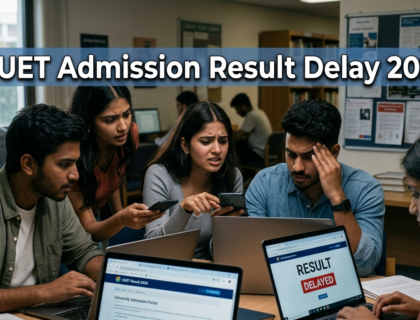 Indian students checking CUET admission results on laptops in a classroom, showing tension and uncertainty during result delay 2026