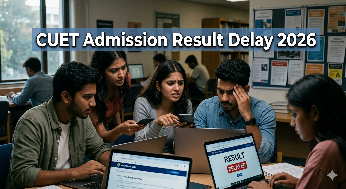 Indian students checking CUET admission results on laptops in a classroom, showing tension and uncertainty during result delay 2026