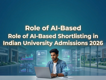 AI-based shortlisting system in Indian university admissions 2026 with student using laptop and digital screening interface